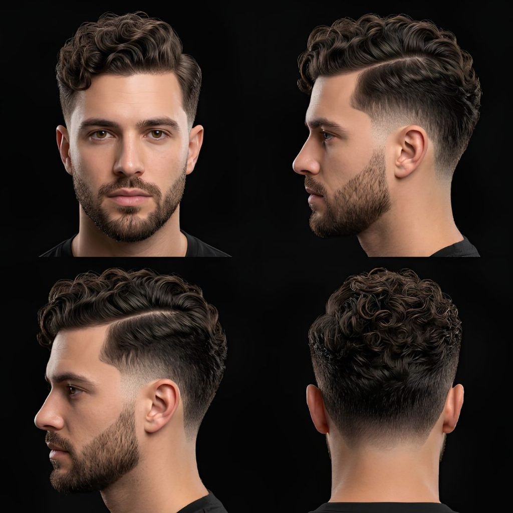 Curly Burst Fade with Side Part