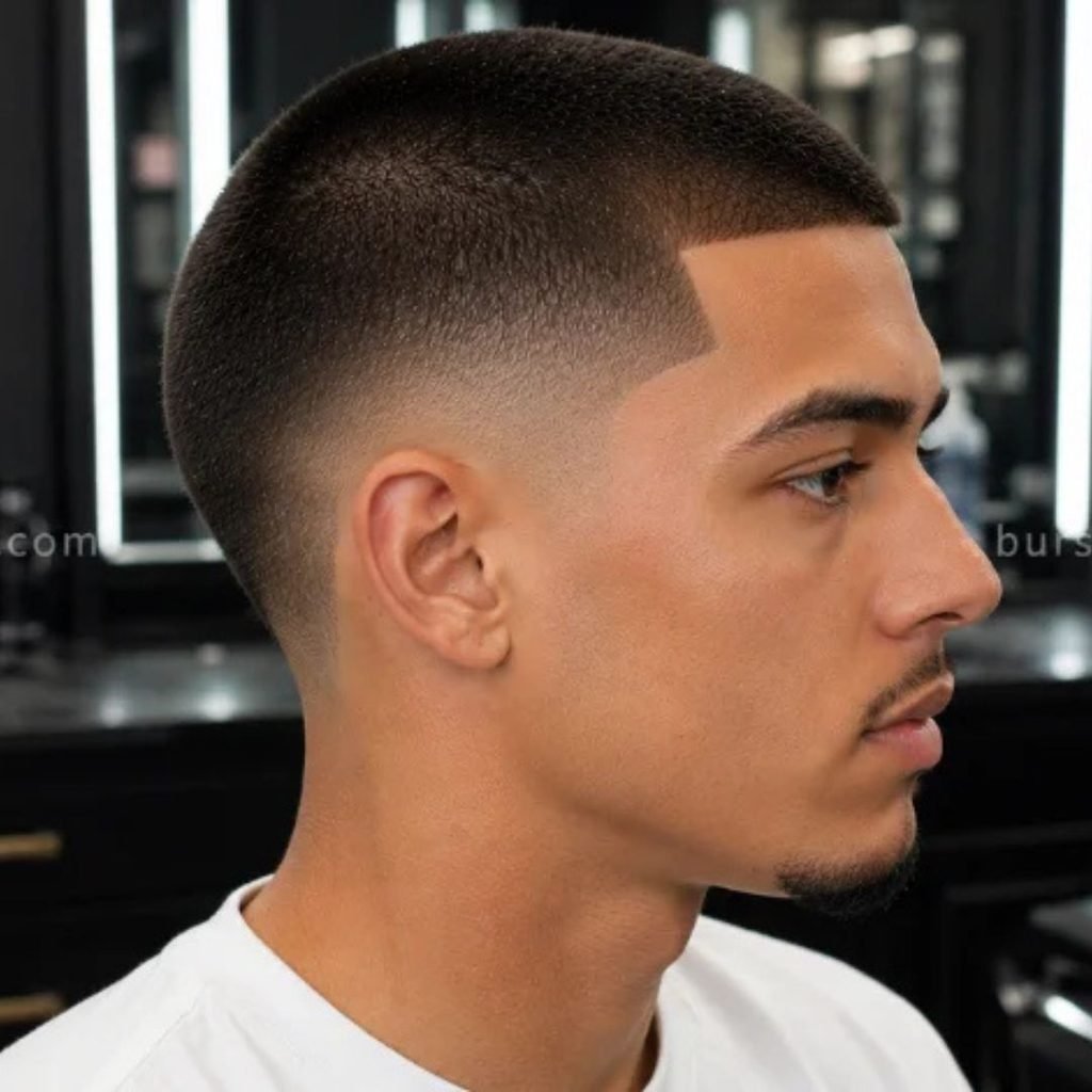 15. Buzz Cut with Line Up and Burst Fade